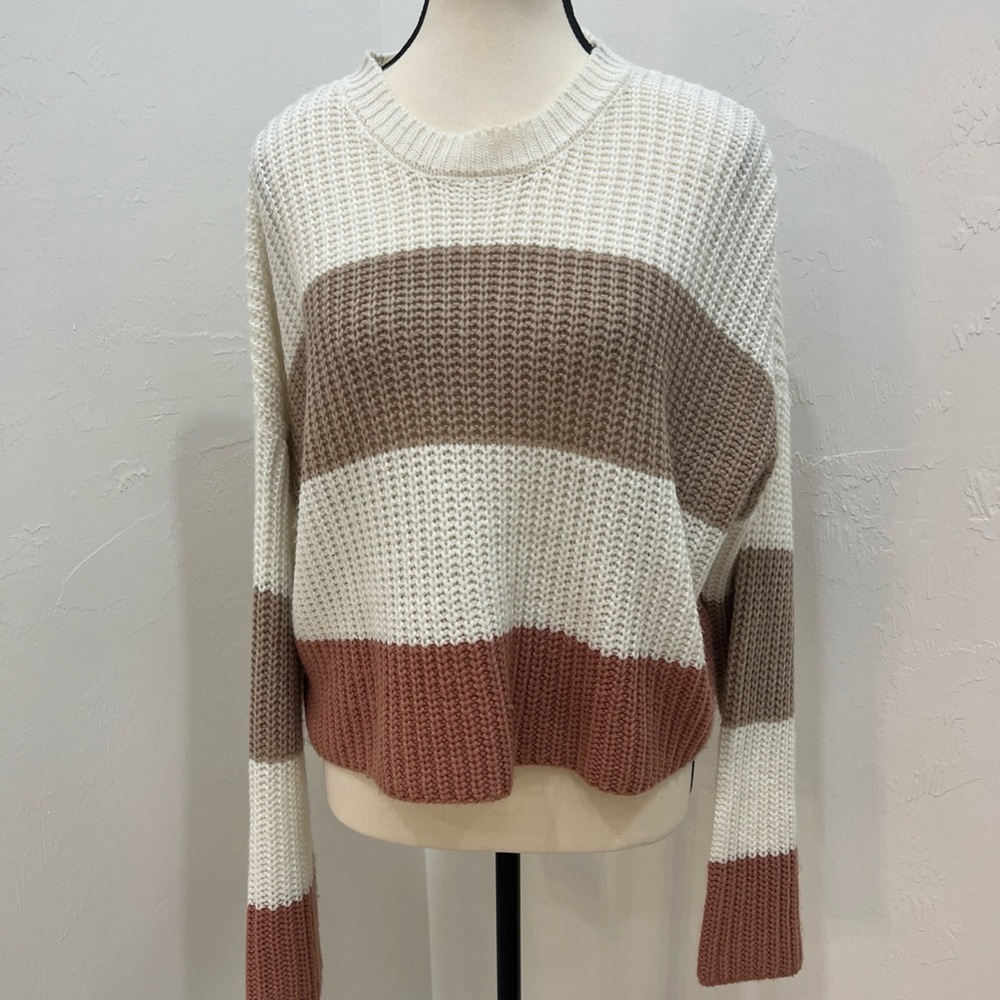 Moon Madison Sweater Woman Large Crop Waffel Knit Color Block Boxy Long Sleeve L